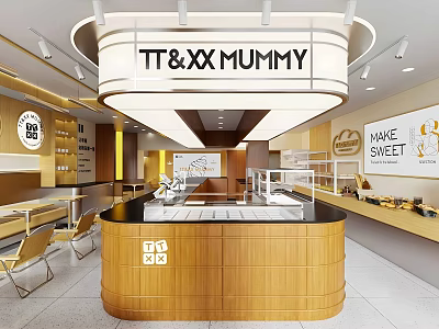 Modern Cafe Interior Design With Wooden Counter Dessert Display And Open Layout 3d model