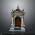 Architectural Entrance Structure With Brown Wooden Door Arched Doorway Cross And Decorative Columns