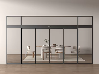 Modern Glass Sliding Doors Interior With Dining Table And Chairs Wooden Floor Setup 3d model