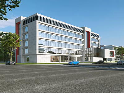Modern Office Building With Glass Facade Stone Exterior Red Accent Stripes Trees And Street Cars 3d model