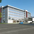 Modern Office Building With Glass Facade Stone Exterior Red Accent Stripes Trees And Street Cars