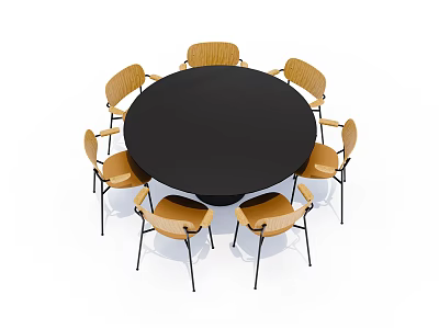 Modern Dining Table Set with Round Black Tabletop and Six Wooden Chairs with Black Legs 3d model