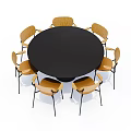 Modern Dining Table Set with Round Black Tabletop and Six Wooden Chairs with Black Legs