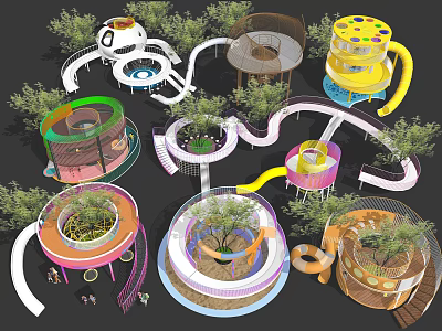 Colorful Interactive Children's Playground Equipment With Slides Circular Structures And Trees 3d model