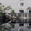 Serene Zen Feature Wall with Gray Surface Pine Tree Water Reflection and Figure Sculpture 3d model