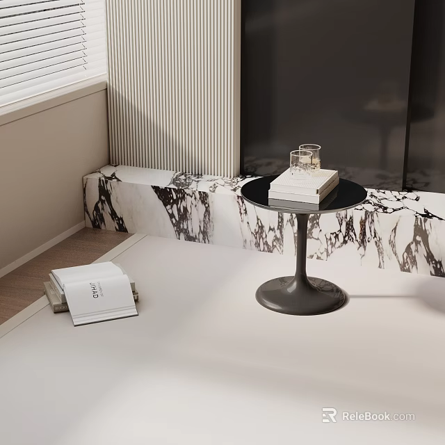 Modern Black Round Side Table With Stacked Books And Glass On Minimalist Interior 3d model 