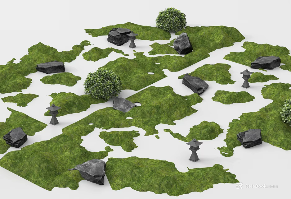 Microlandscape Design Featuring Green Grass Black Stones Small Trees And Stone Lanterns 3d model
