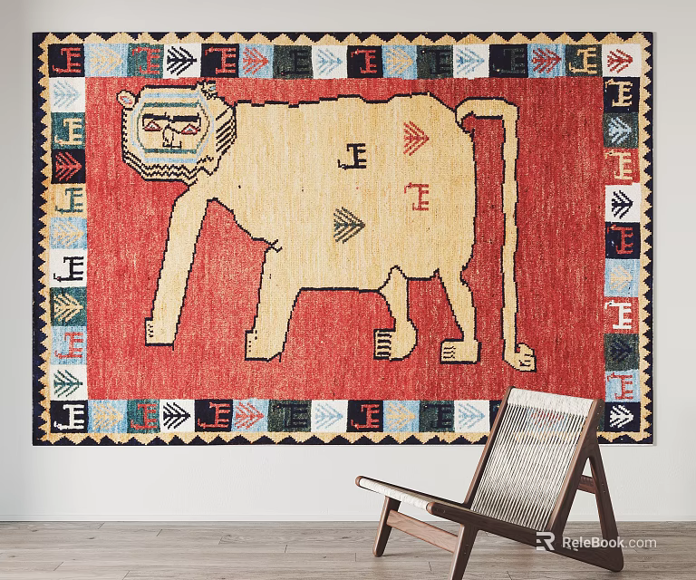 Square Rug With Red Background Large Lion Motif And Geometric Border Patterns 3d model 