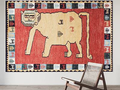 Square Rug With Red Background Large Lion Motif And Geometric Border Patterns 3d model