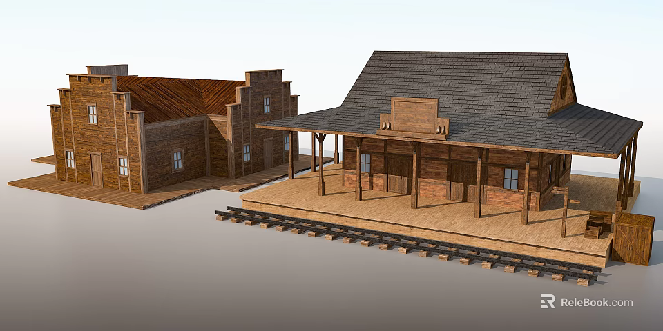Western Style Wooden Buildings Featuring Covered Porch Dark Roof And Railroad Tracks 3d model 