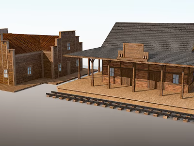 Western Style Wooden Buildings Featuring Covered Porch Dark Roof And Railroad Tracks 3d model