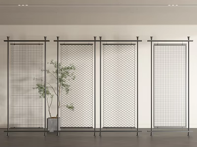 Modern Metal Frame Room Divider With Grid Design And Indoor Plant 3d model