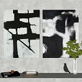 Black White Abstract Two Panel Paintings For Modern Living Room Wall Decor With Green Plant