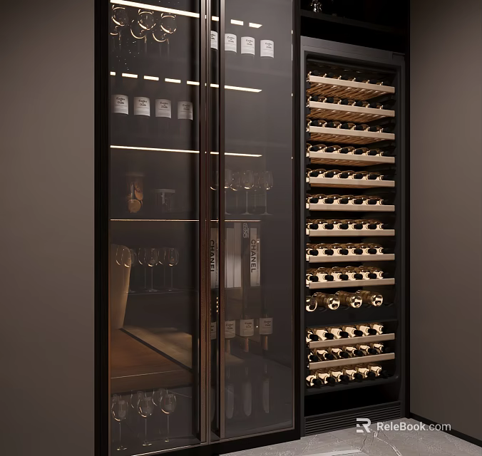 Modern Double Glass Doors Wine Cabinet With Multi Layer Racks And Interior Lighting 3d model