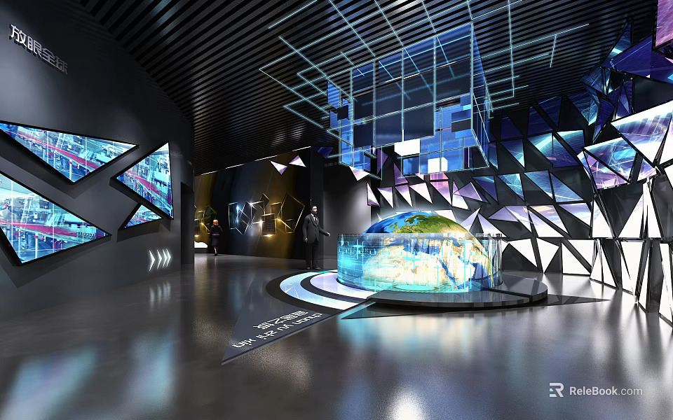 Contemporary Exhibition Hall With Geometric Structures Lighting Installations And Digital Displays 3d model 