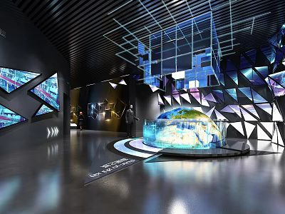 Contemporary Exhibition Hall With Geometric Structures Lighting Installations And Digital Displays 3d model