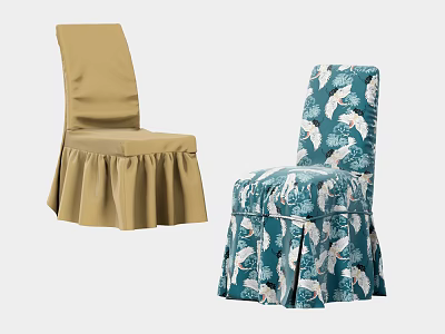 Beige Dining Chair With Ruffled Skirt And Teal Chair Featuring Crane Patterns 3d model