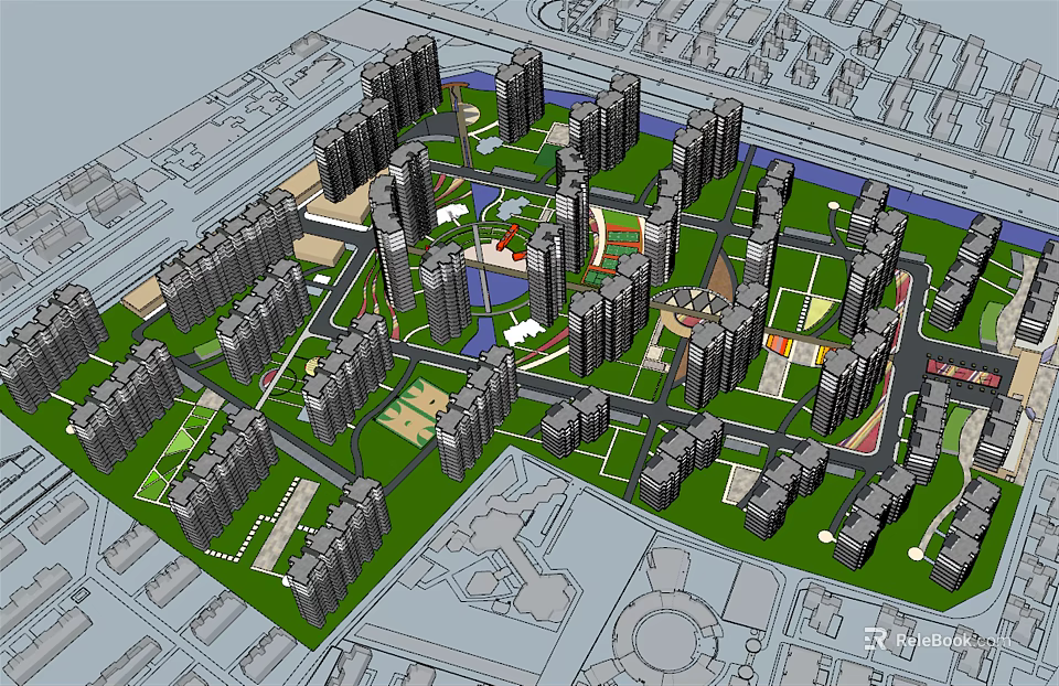 Modern Urban Planning Aerial View With High Rise Buildings Green Spaces And River 3d model 