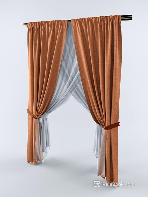 Brown Curtains With White Sheer Layers And Brown Tiebacks For Elegant Window 3d model