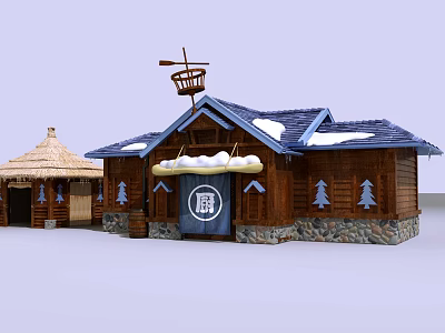 Cartoon Winter Village Scene With Wooden Houses Snow Covered Roofs Windmill And Christmas Tree Decorations 3d model