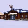 Cartoon Winter Village Scene With Wooden Houses Snow Covered Roofs Windmill And Christmas Tree Decorations