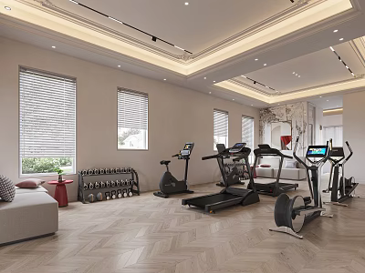 Modern Home Gym Space With Treadmills Exercise Bikes Dumbbell Rack And Wooden Flooring 3d model