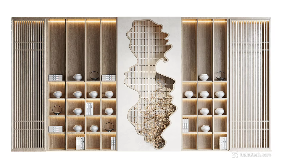 Wooden Decorative Cabinet With Built in Lighting Central Artistic Carved Panel And Decorative Items 3d model 