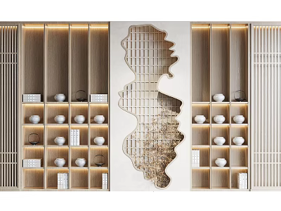 Wooden Decorative Cabinet With Built in Lighting Central Artistic Carved Panel And Decorative Items 3d model