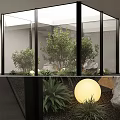 Indoor Landscape Design With Glass Walls Various Green Plants Round Lights Stones And Ground Cover