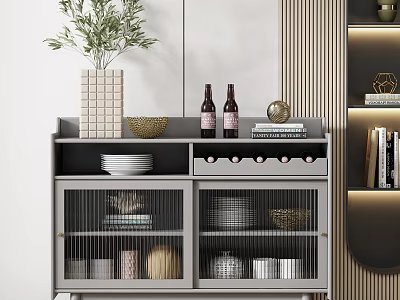 Stylish Modern Sideboard Featuring Potted Plant Wine Bottles Bowl Books And Glass Door Storage 3d model
