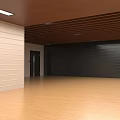Home Theater Room With Wooden Slatted Ceiling Light Dark Tiled Walls And Glass Doors