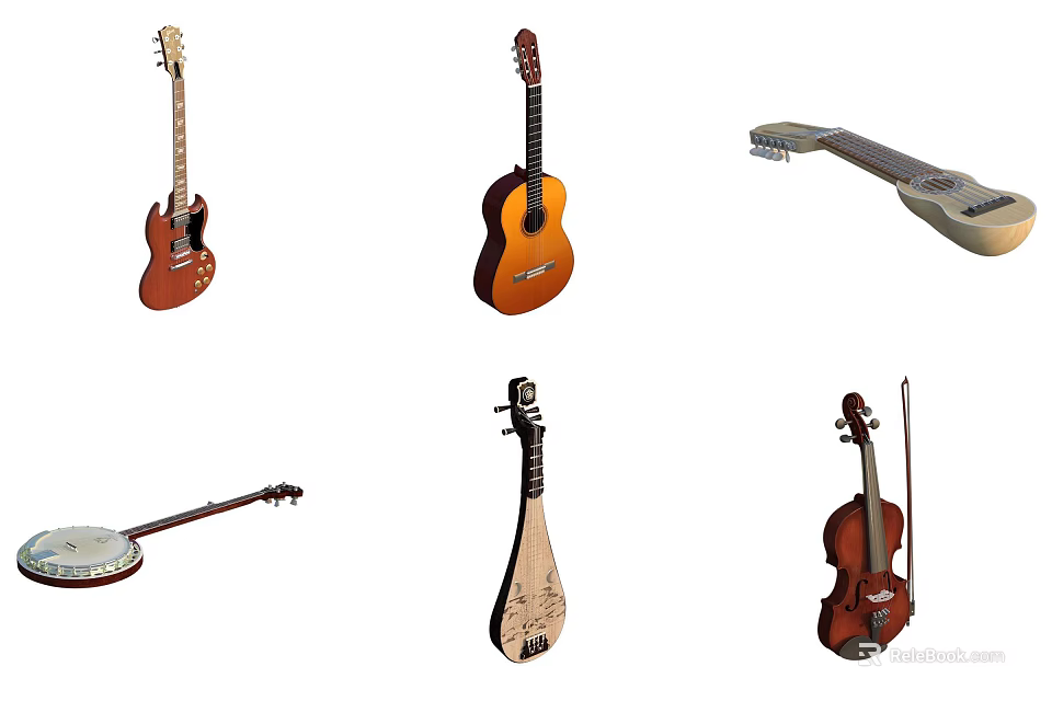 Various Musical Instruments Including Acoustic Electric Guitars Banjo Pipa and Violin Collection 3d model 