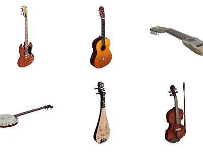 Various Musical Instruments Including Acoustic Electric Guitars Banjo Pipa and Violin Collection 3d model