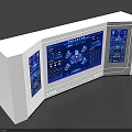 Modern White Control Console With Multiple Blue Screens And Digital Interfaces