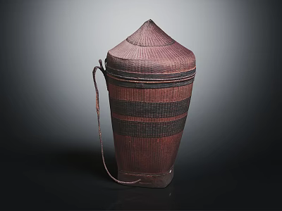 Traditional Wicker Storage Container with Conical Lid Carry Handle and Striped Design 3d model