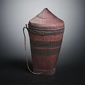 Traditional Wicker Storage Container with Conical Lid Carry Handle and Striped Design