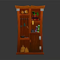 Red Wooden Cabinet With Multiple Shelves Holding Potted Plant Jars And Shoes