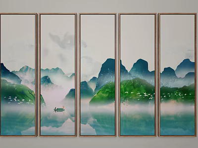 Five Panel Landscape Painting Featuring Misty Mountains Calm Water Small Boat And Reflections 3d model