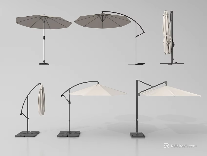 Outdoor Sunshades With Curved Arm And Straight Pole Foldable Designs In Neutral Tones 3d model 