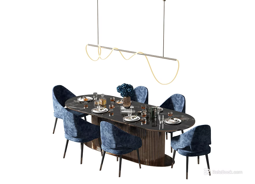 Modern Round Dining Table Set With Blue Velvet Chairs Gold Ring Pendant Lights And Tableware 3d model 
