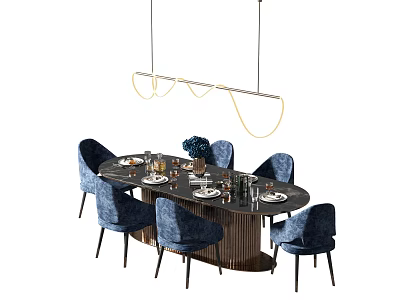 Modern Round Dining Table Set With Blue Velvet Chairs Gold Ring Pendant Lights And Tableware 3d model