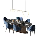 Modern Round Dining Table Set With Blue Velvet Chairs Gold Ring Pendant Lights And Tableware