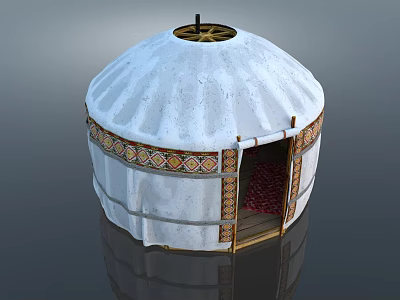 Traditional White Yurt With Decorative Patterned Edges Open Door And Red Carpet 3d model