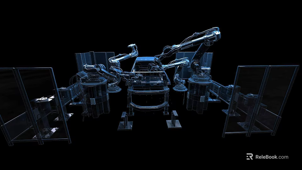 Smart Machines In Industrial Assembly Line With Robotic Arms And Automated Manufacturing 3d model 