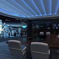 High Tech Conference Room With Large Display Round Wooden Table White Chairs And Blue Lighting