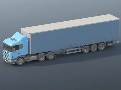 Blue Cargo Truck with Long Trailer and Multiple Wheels Exterior Design 3d model