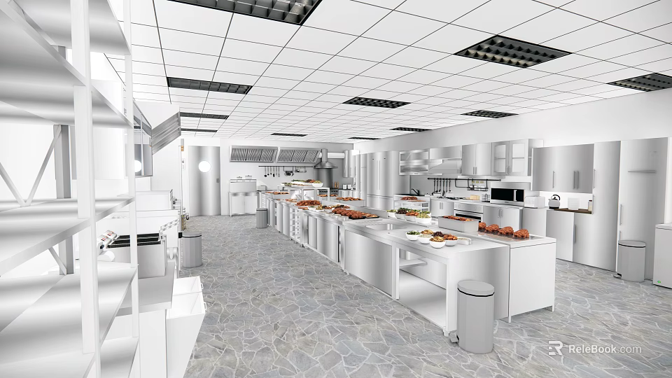 Commercial Catering Kitchen With White Cabinets Worktables Food Ingredients Stone Flooring And Ceiling Vents 3d model 