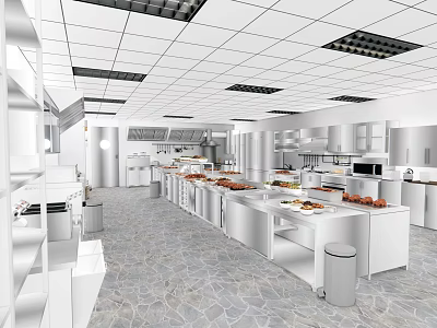 Commercial Catering Kitchen With White Cabinets Worktables Food Ingredients Stone Flooring And Ceiling Vents 3d model