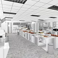 Commercial Catering Kitchen With White Cabinets Worktables Food Ingredients Stone Flooring And Ceiling Vents