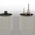 Golden Metal Round Side Tables With Glass Cup Black Tray And Eiffel Tower Models